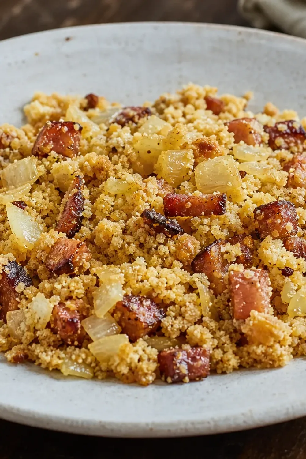 Golden brown farofa sprinkled with crispy bacon and sautéed onions on a white plate.