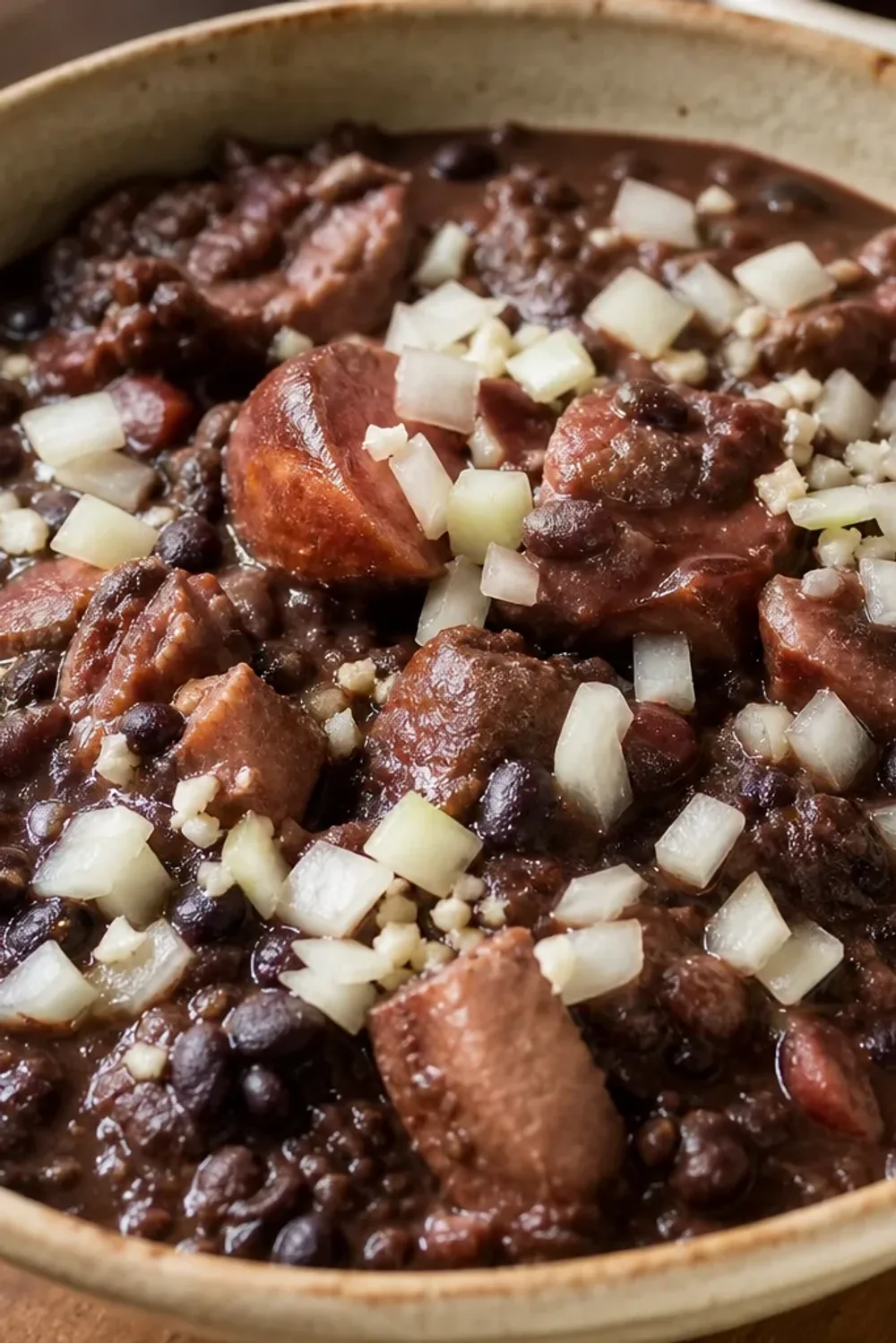 A hearty bowl of feijoada with black beans, pork, and sausage, garnished with orange slices and fresh herbs.