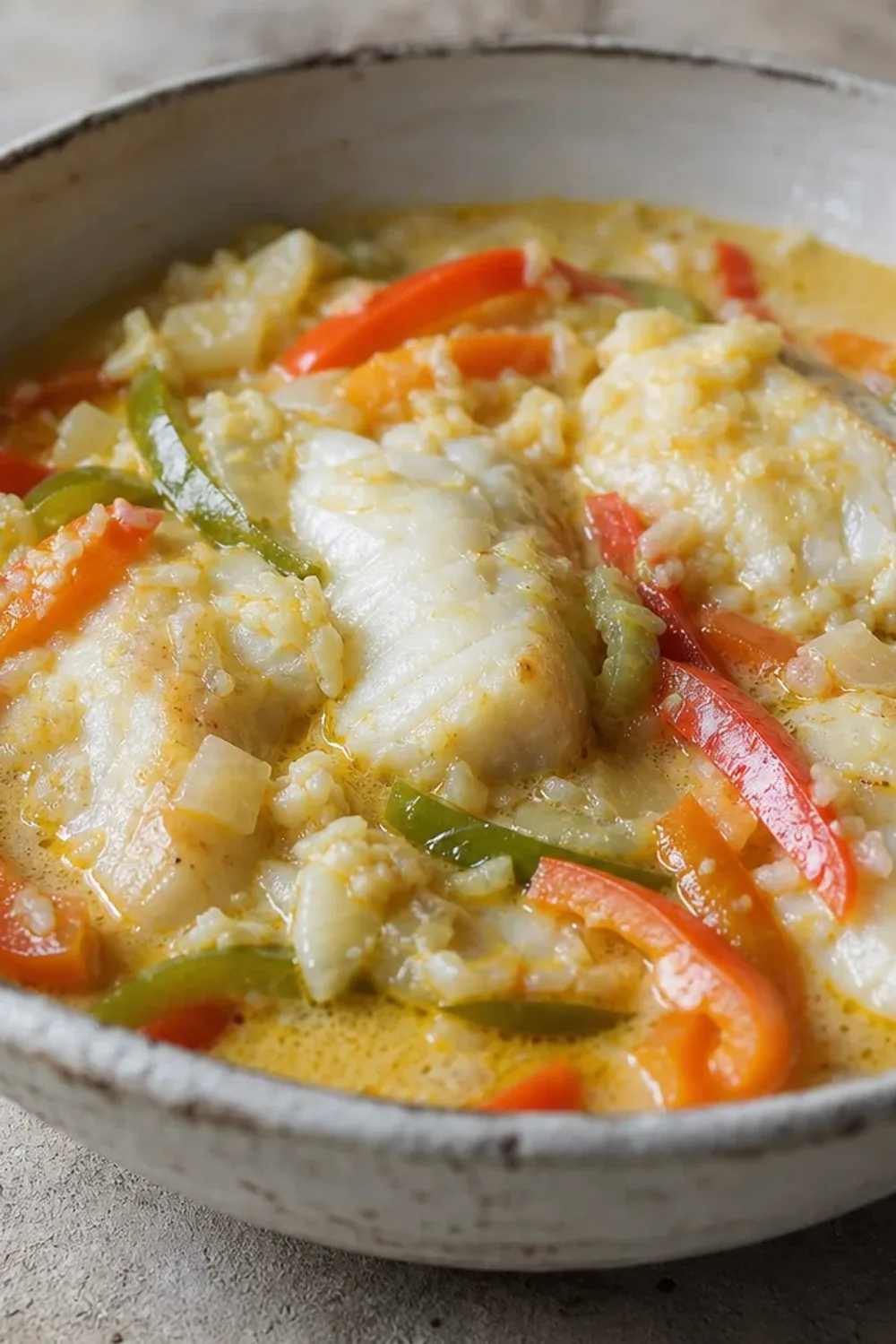 A colorful Brazilian Moqueca featuring fish, coconut milk, and vibrant bell peppers, served in a rustic bowl.