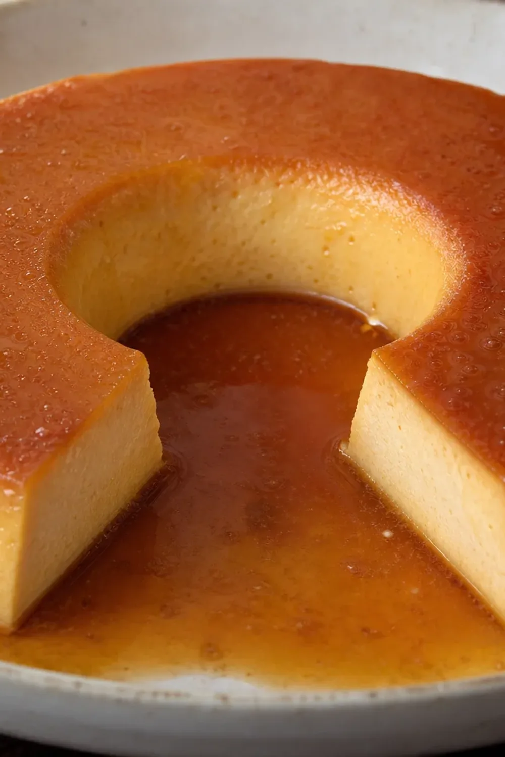 Smooth and creamy caramel flan topped with golden caramel sauce, served in a round dish.