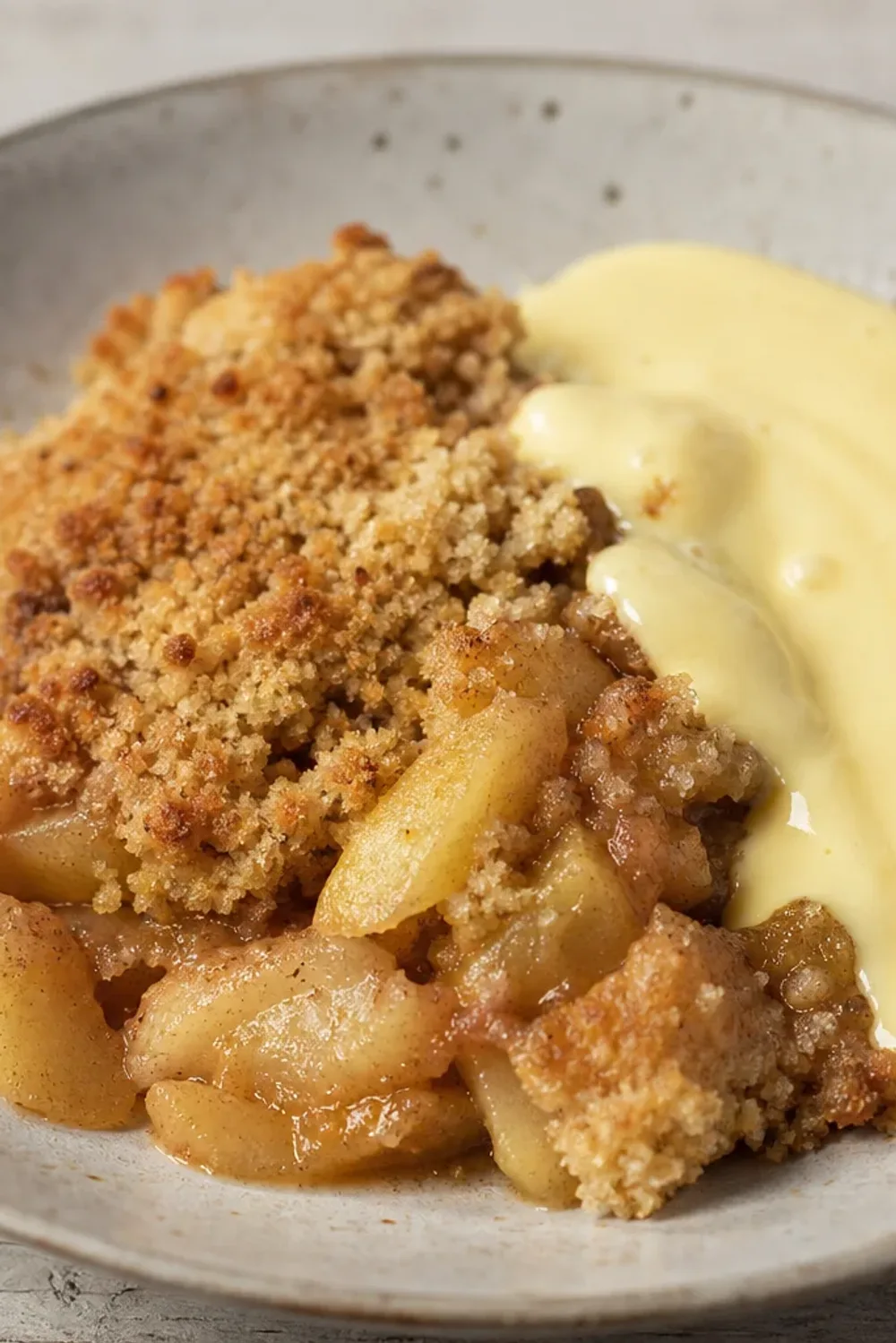 Warm apple crumble topped with golden crust, served with creamy vanilla custard.