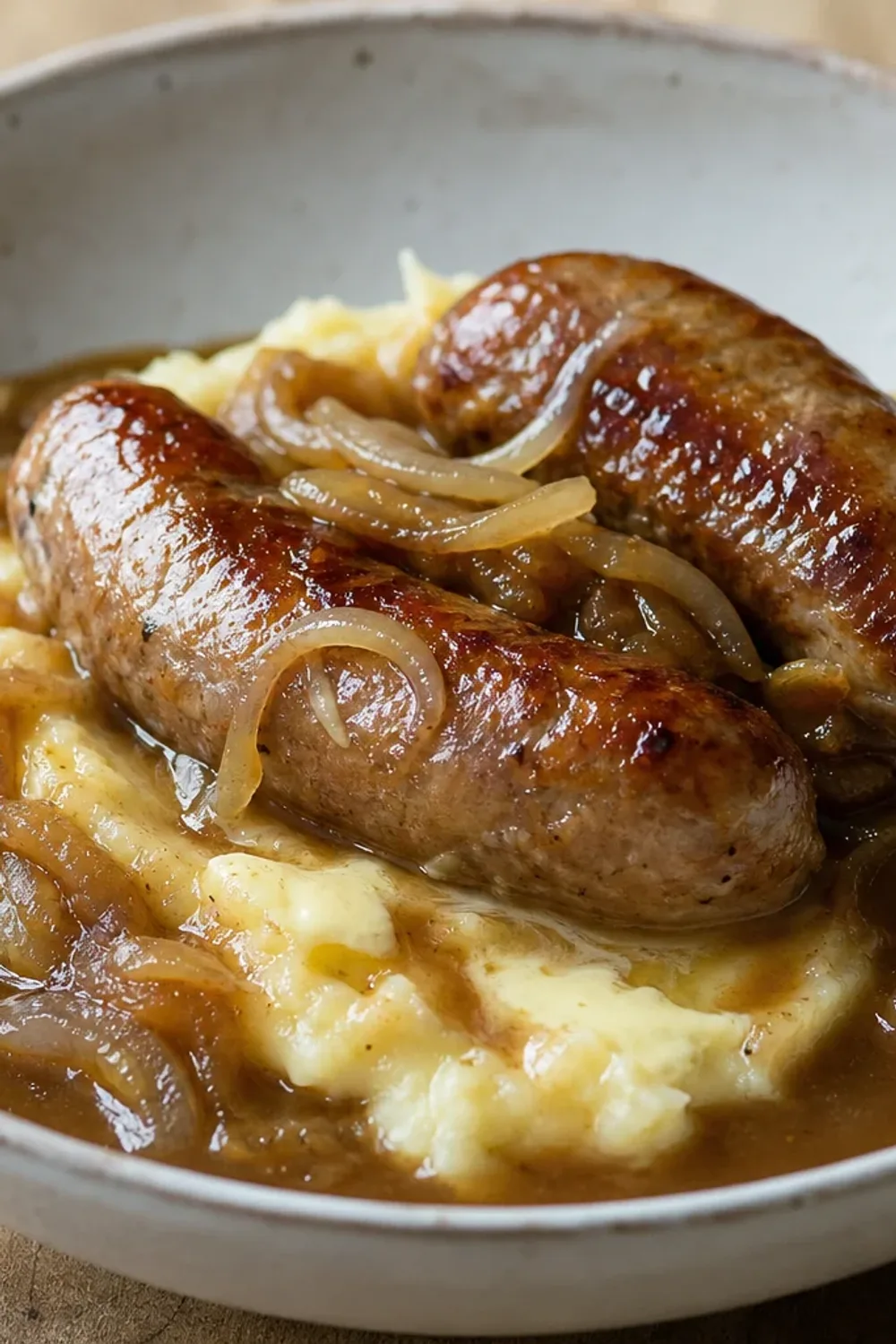Creamy mashed potatoes topped with savory sausages and rich onion gravy, garnished with parsley.