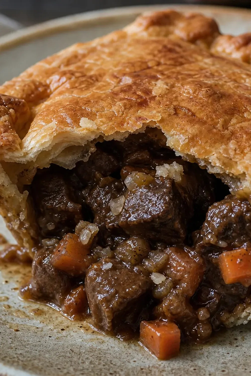 Golden flaky pastry pie filled with tender beef and rich ale gravy, garnished with herbs.