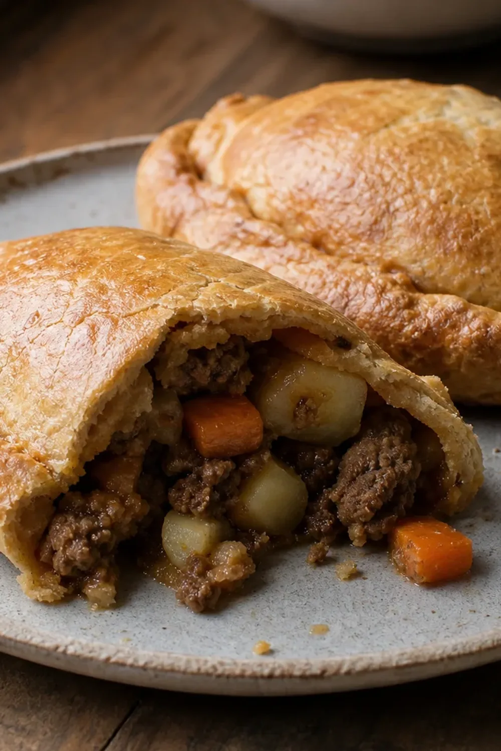 Golden brown Cornish pasties filled with beef, potatoes, and carrots, served on a rustic plate.