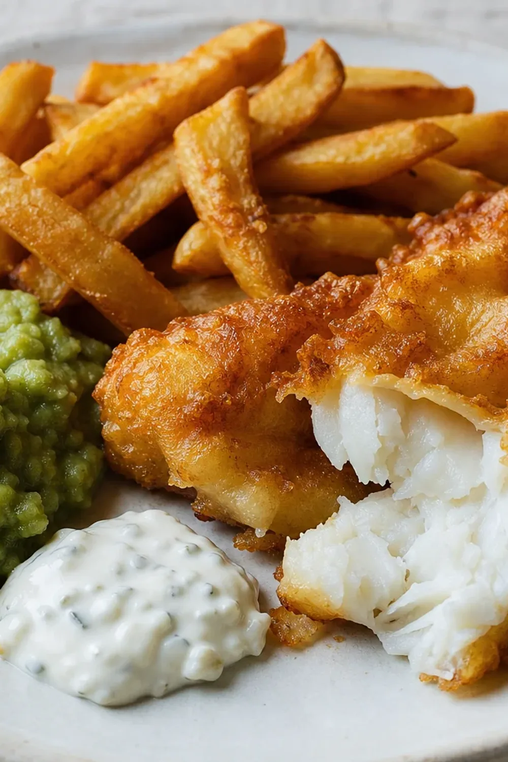 Crispy battered fish, golden fries, and vibrant mushy peas on a plate.