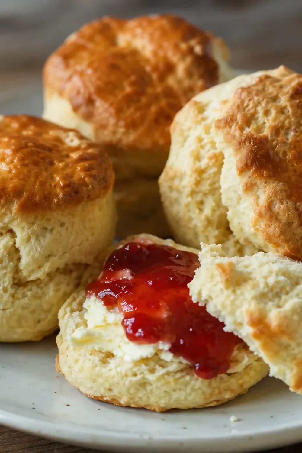 Fluffy British scones topped with smooth clotted cream and bright strawberry jam, elegantly plated.