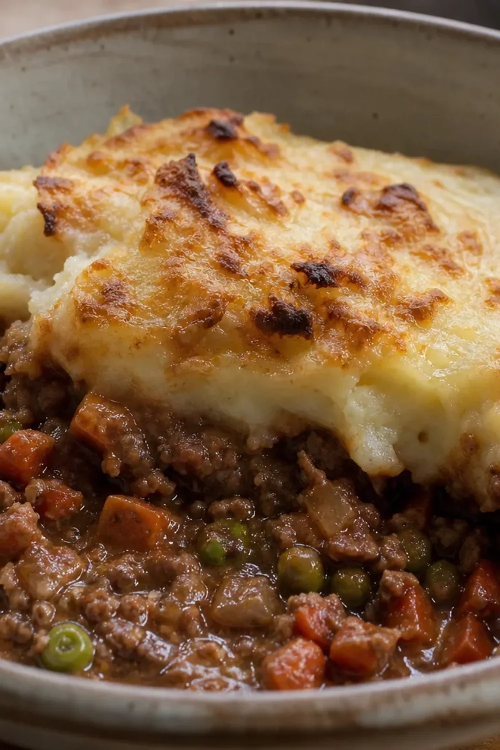 Hearty shepherd's pie topped with golden mashed potatoes, garnished with herbs.
