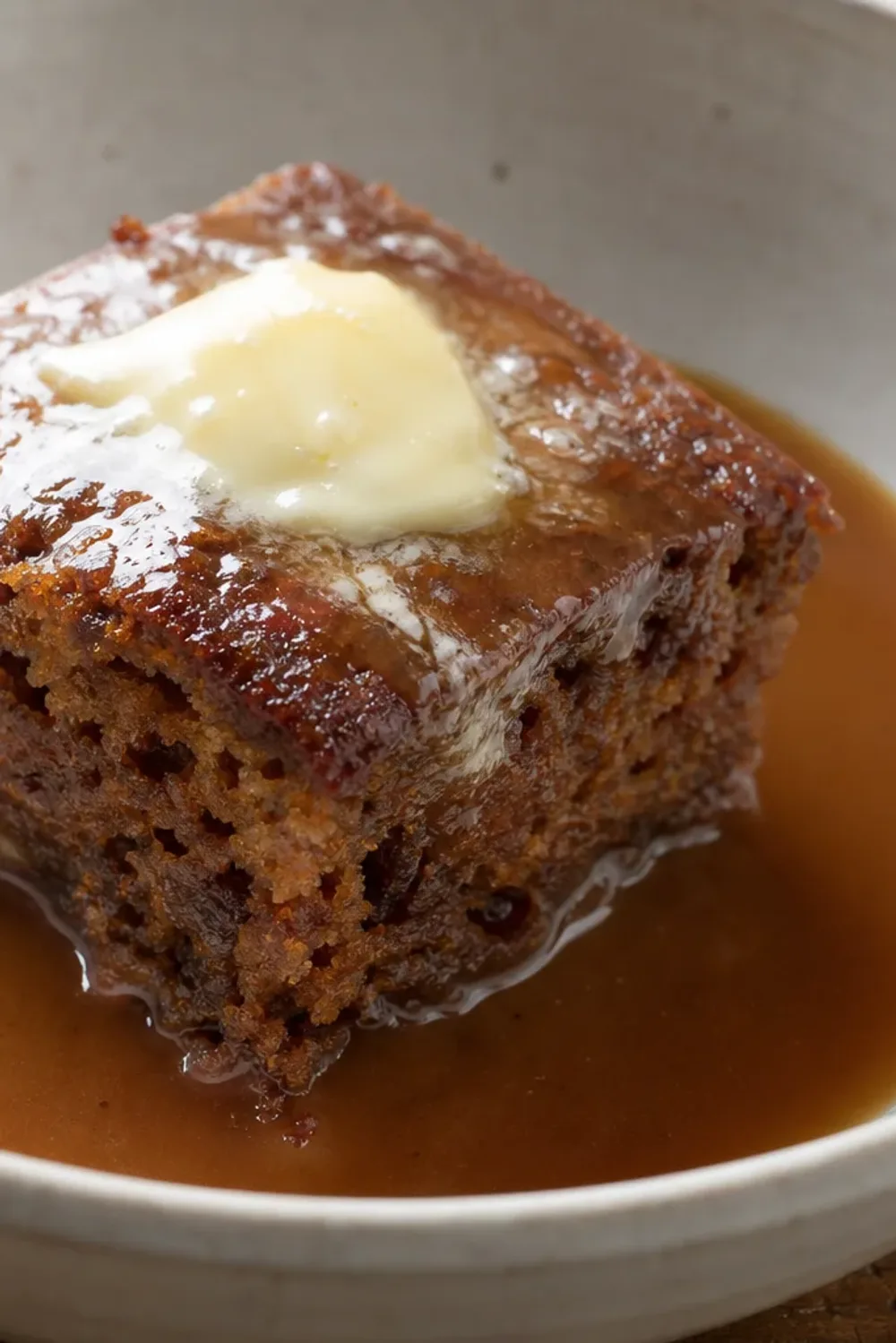 Rich sticky toffee pudding topped with warm caramel sauce and a scoop of vanilla ice cream.