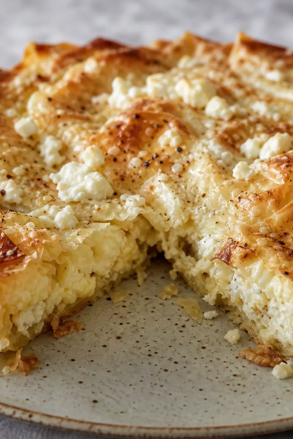 Golden brown banitsa slices with flaky phyllo, feta, and egg filling on a white plate.