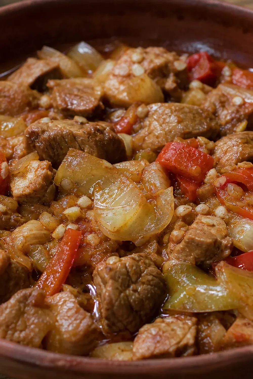 A bowl of Bulgarian Kavarma with tender pork, colorful peppers, and onions, garnished with herbs.