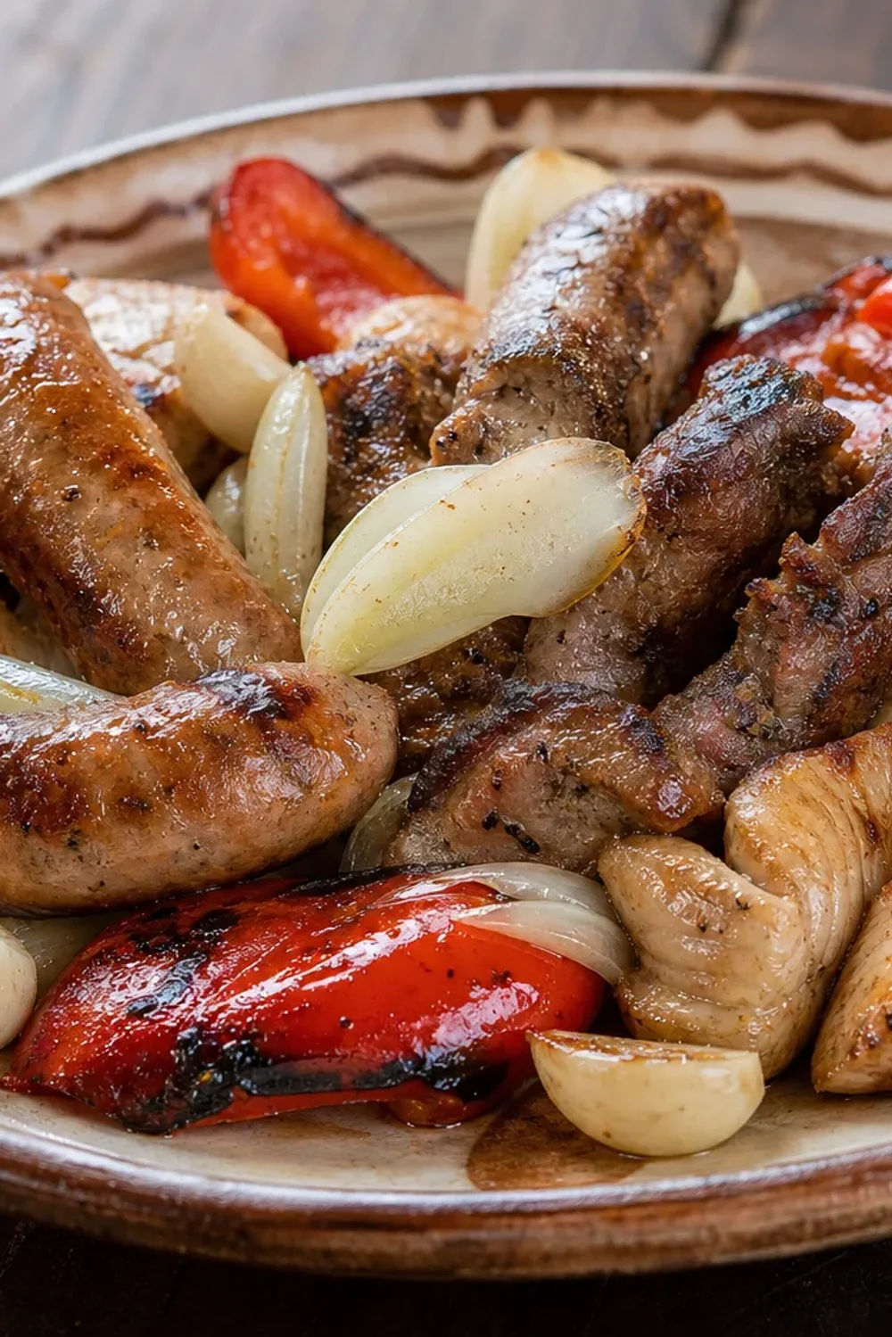 A vibrant platter of assorted grilled meats including sausages and kebabs, garnished with fresh vegetables.