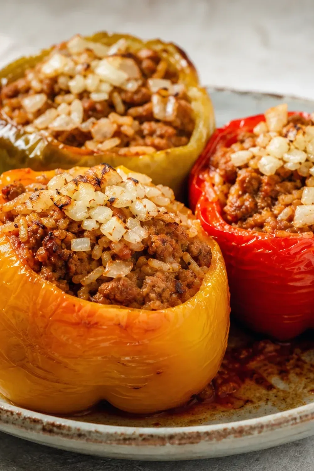 Plated stuffed peppers with a rich beef and rice filling, garnished with herbs.
