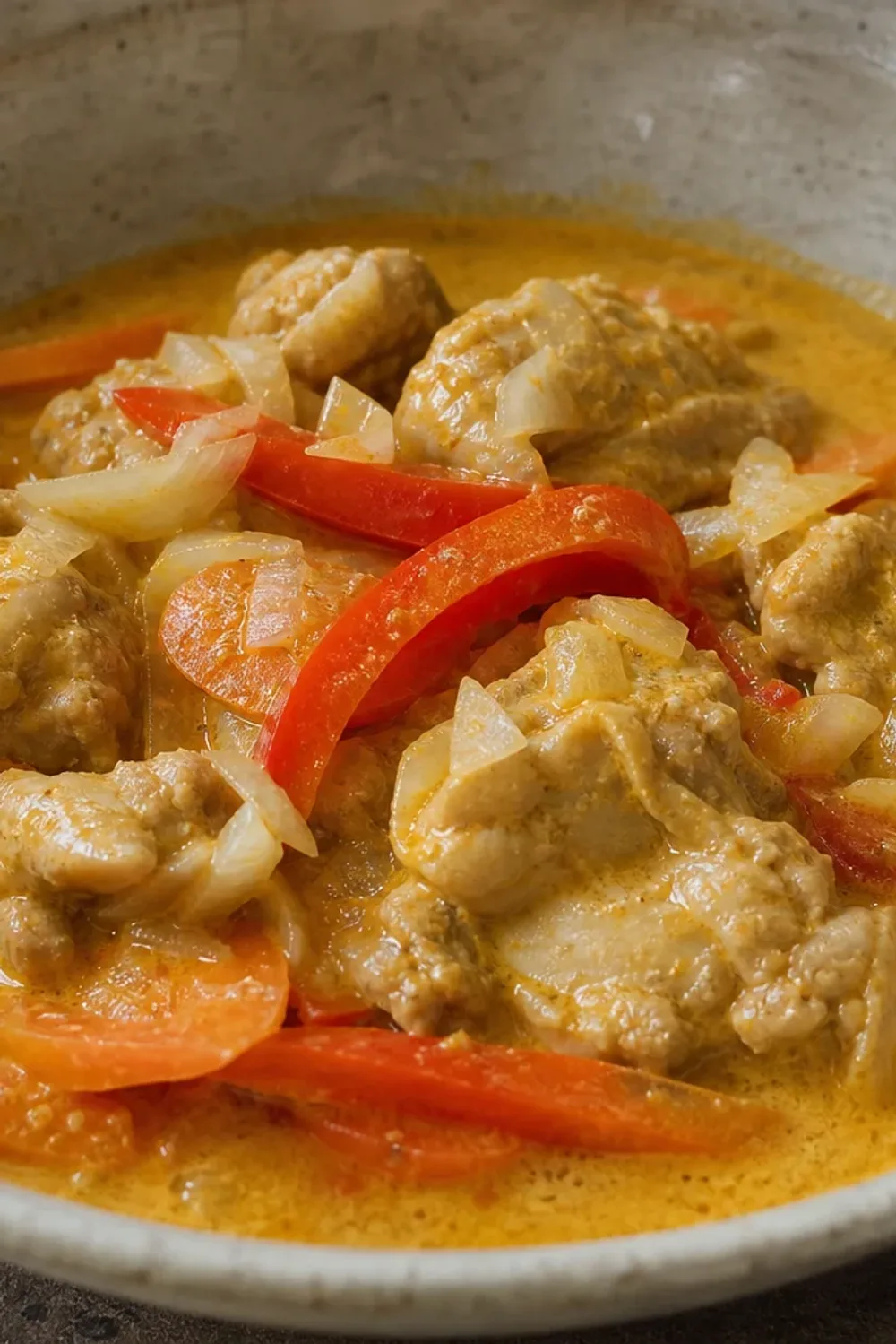 A bowl of Cambodian Chicken Samlor Kari featuring tender chicken, vibrant vegetables, and a creamy coconut curry sauce.