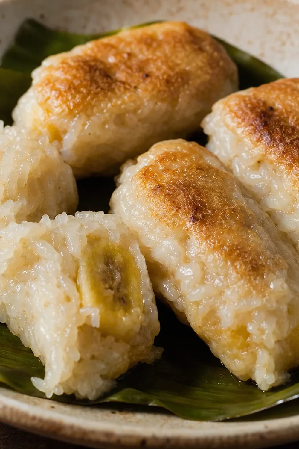 Steamed banana cakes showing sticky rice, banana slices, and coconut filling, wrapped in green banana leaves.