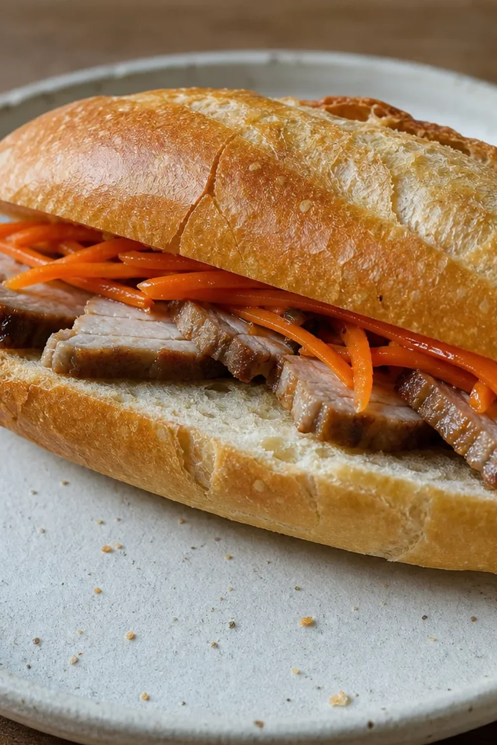 A sliced Num Pang sandwich featuring marinated pork, fresh cilantro, and colorful pickled vegetables on a crusty baguette.