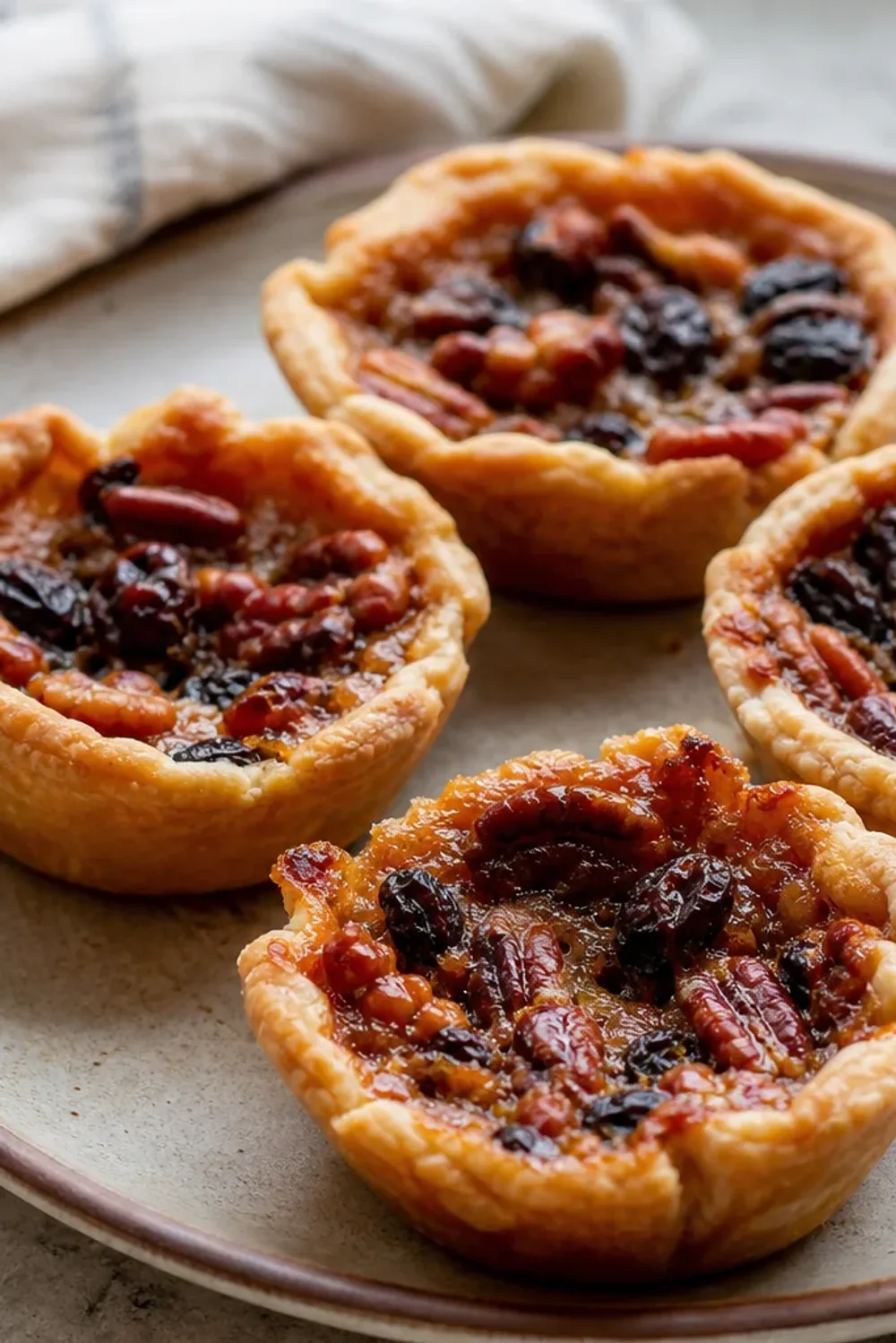 Golden brown butter tarts filled with gooey syrup, raisins, and pecans, served on a rustic plate.