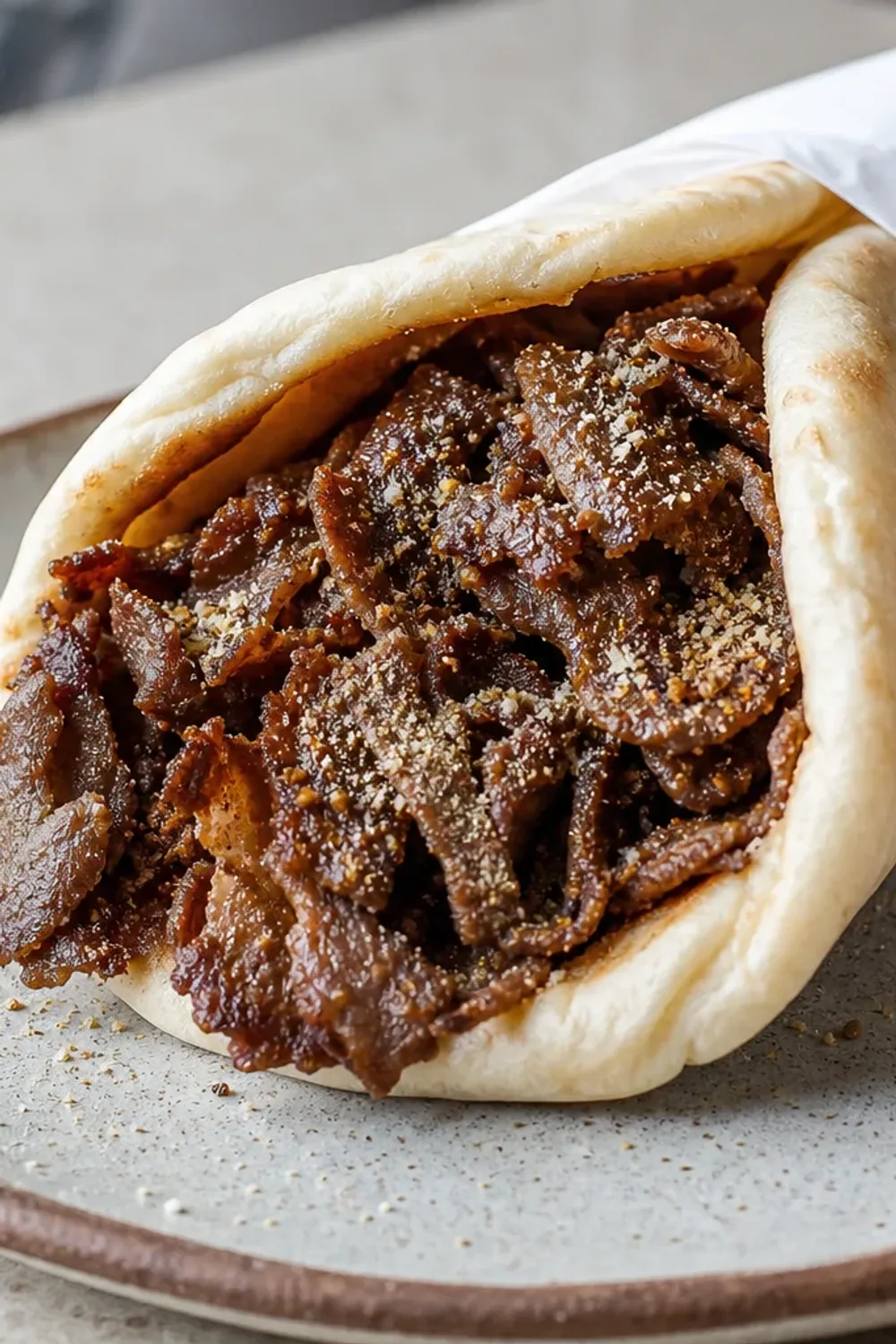 Plated Halifax Donair with tender beef, fresh veggies, and creamy sweet garlic sauce in pita bread.