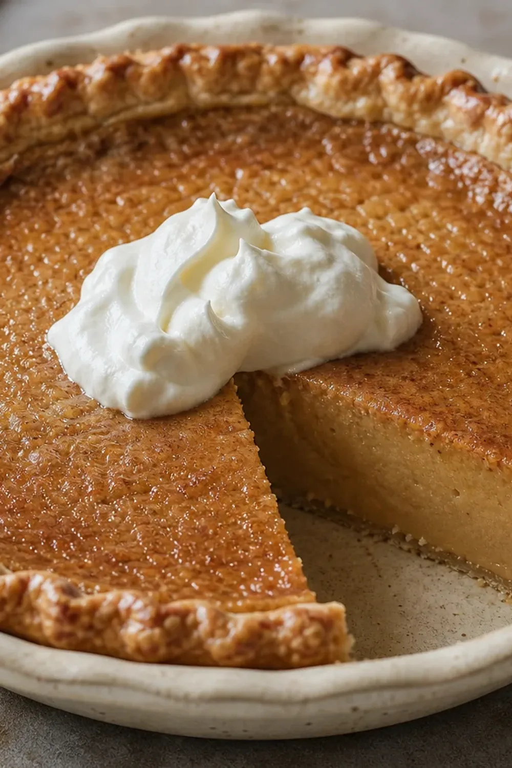 A slice of Canadian Maple Sugar Pie with a creamy texture and rich golden filling, garnished with a light dusting of powdered sugar.