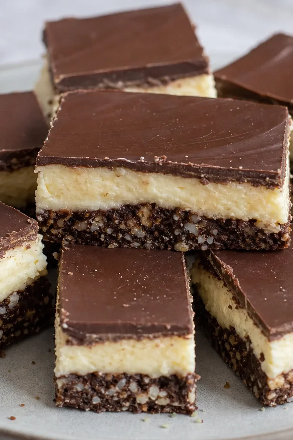Layered Nanaimo bars showcasing chocolate, custard, and crumbly base.