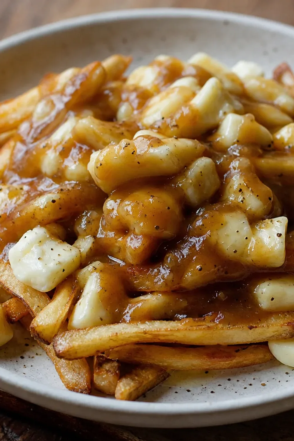 Crispy fries topped with cheese curds and rich brown gravy, garnished with herbs.