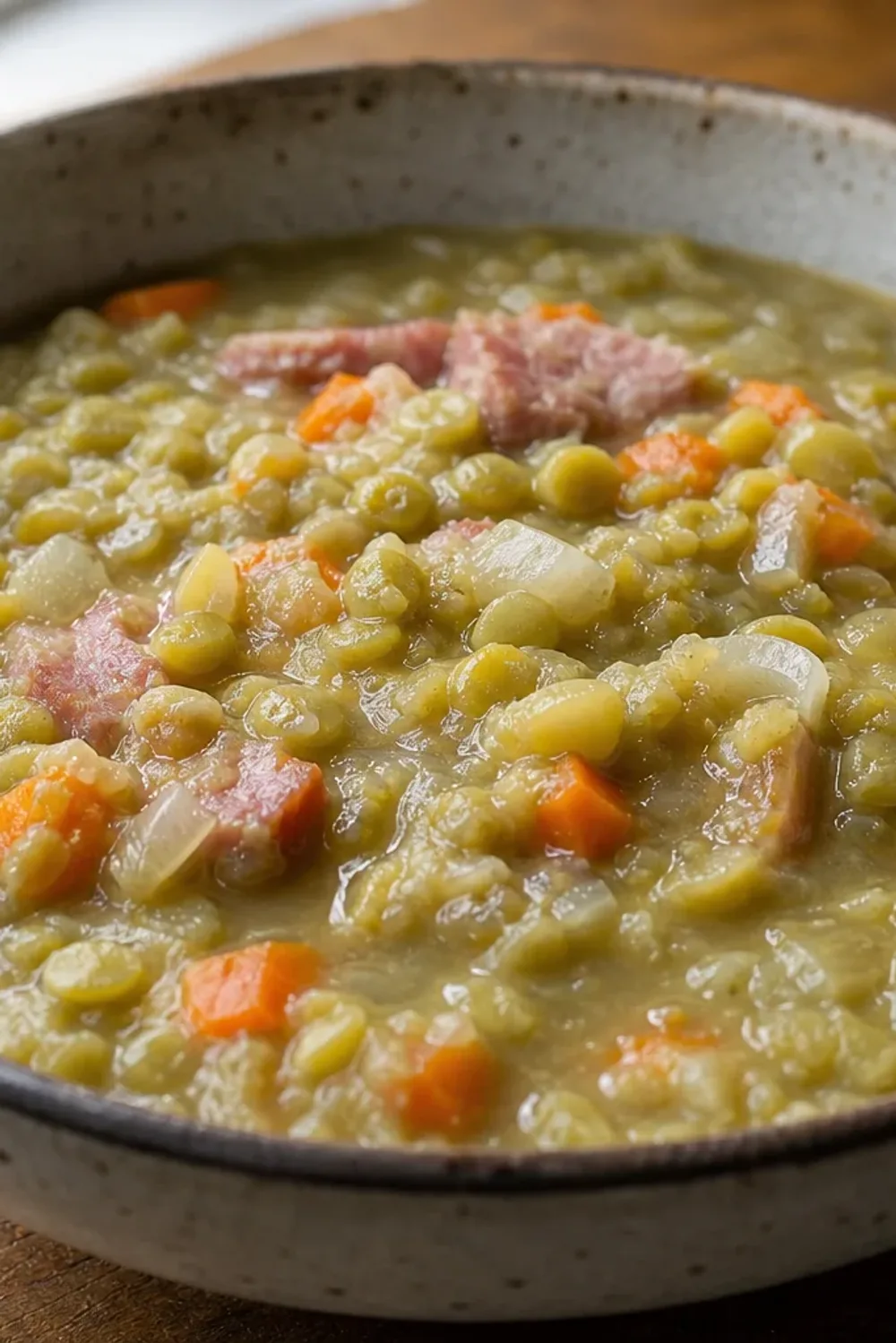 Thick and creamy split pea soup topped with diced smoked ham and fresh herbs in a bowl.
