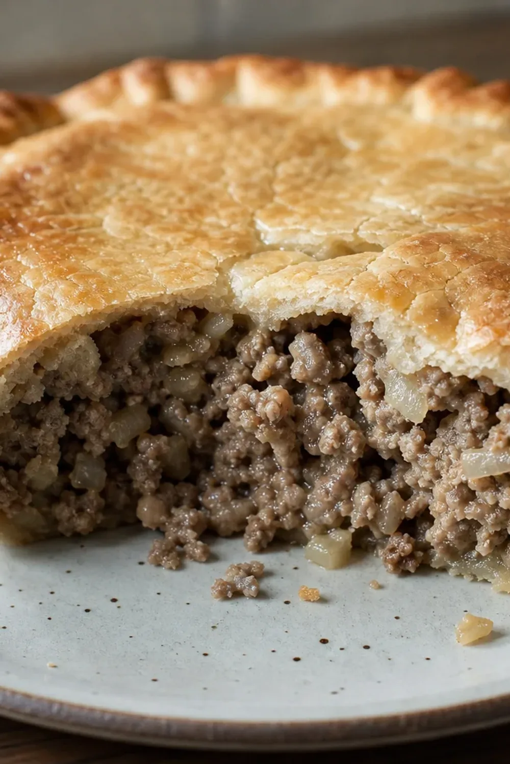 Golden-brown tourtière with flaky crust, filled with seasoned pork and spices, garnished with herbs.