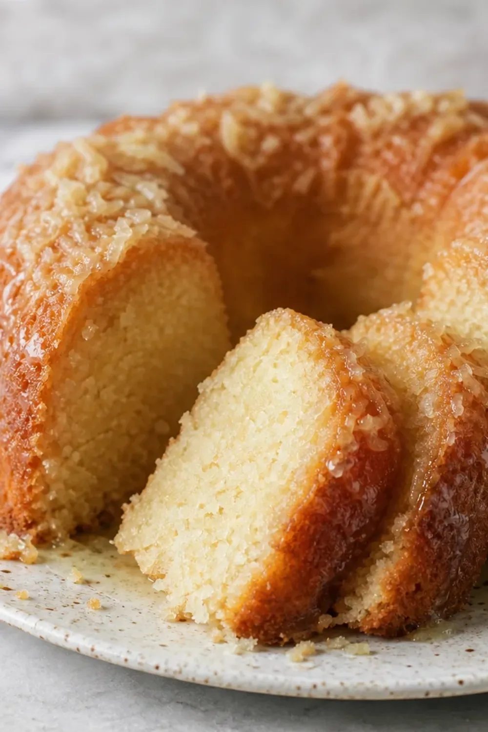 Moist coconut rum cake topped with a glossy pineapple glaze and garnished with coconut flakes.
