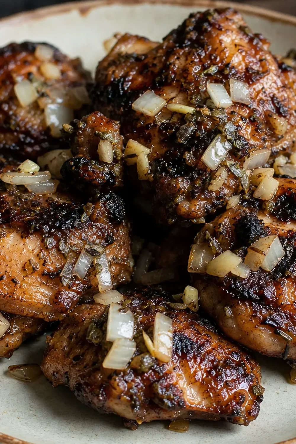 Grilled jerk chicken served with fresh herbs, showcasing its spicy marinade and crispy skin.