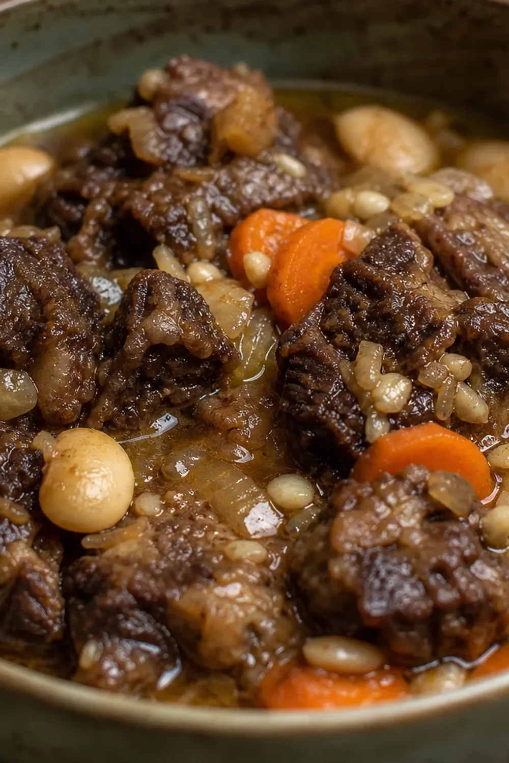 A rich Jamaican oxtail stew with tender meat, butter beans, and colorful vegetables garnished in a bowl.