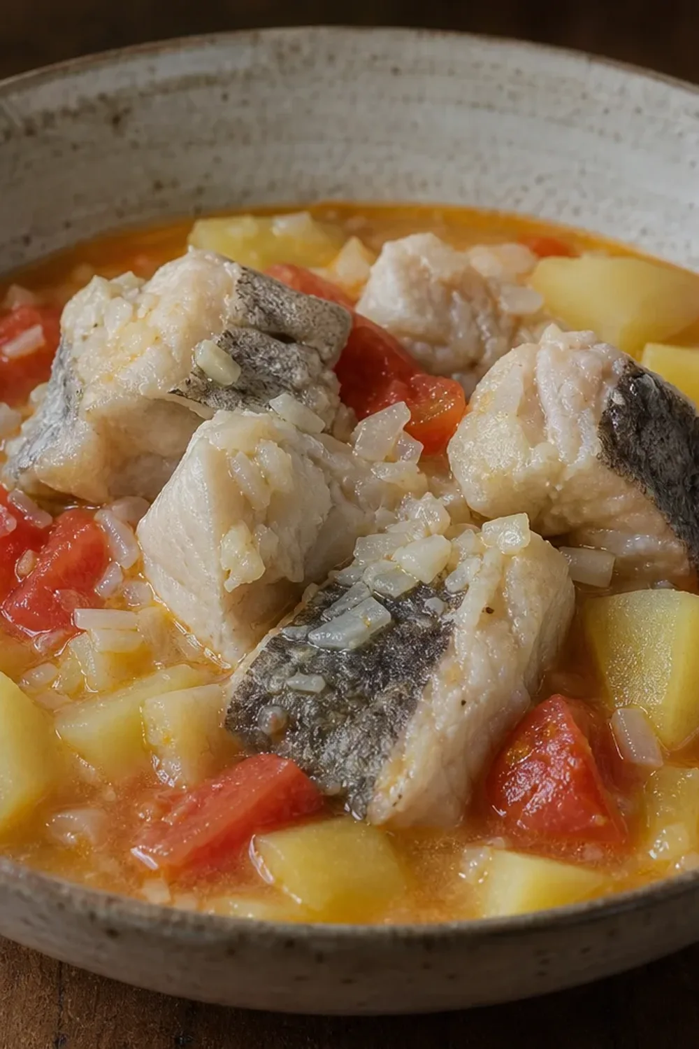 A hearty bowl of Caldillo de Congrio featuring tender fish, diced tomatoes, and chunks of potatoes in a rich broth.