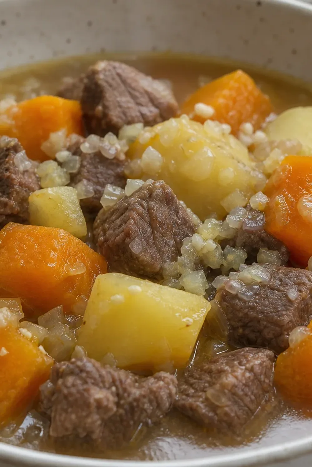 A warm bowl of Chilean cazuela de vacuno with chunks of beef, pumpkin, and potatoes in rich broth.