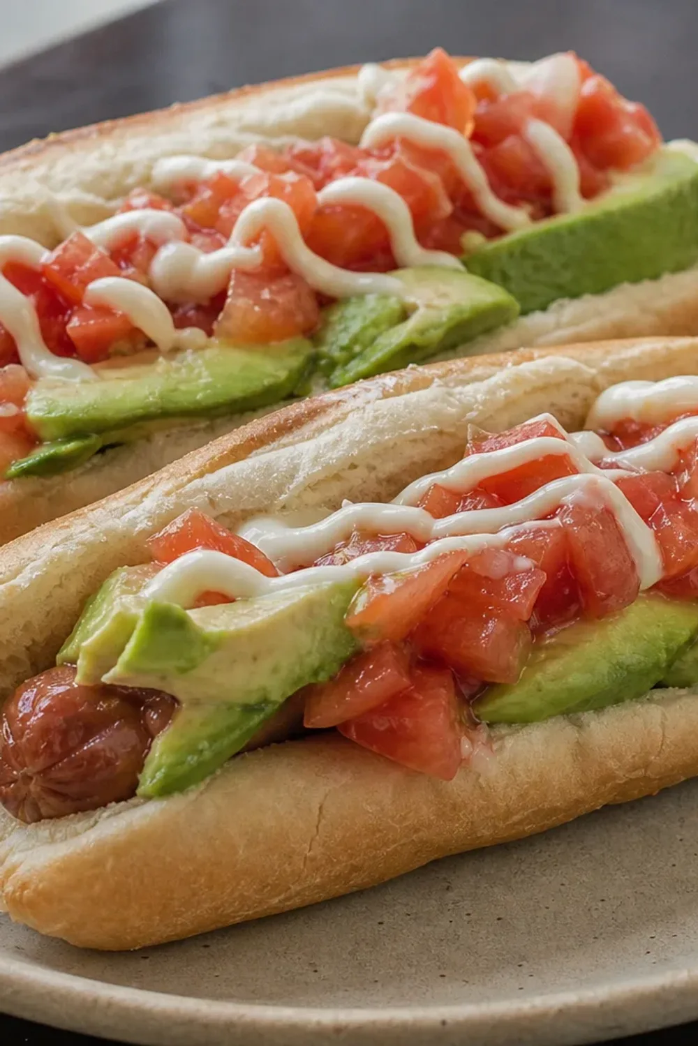 A colorful plate of Completo Italiano featuring a hot dog with creamy avocado, diced tomatoes, and mayonnaise garnished with parsley.