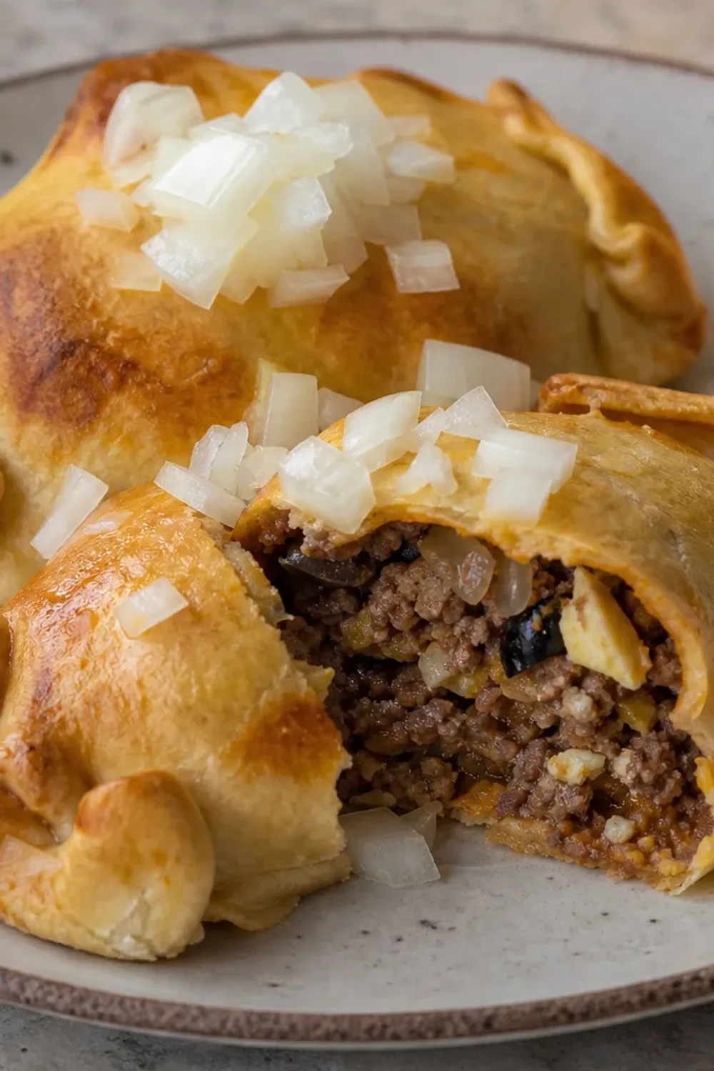 Golden-brown empanadas filled with beef, onions, and olives, arranged on a plate.