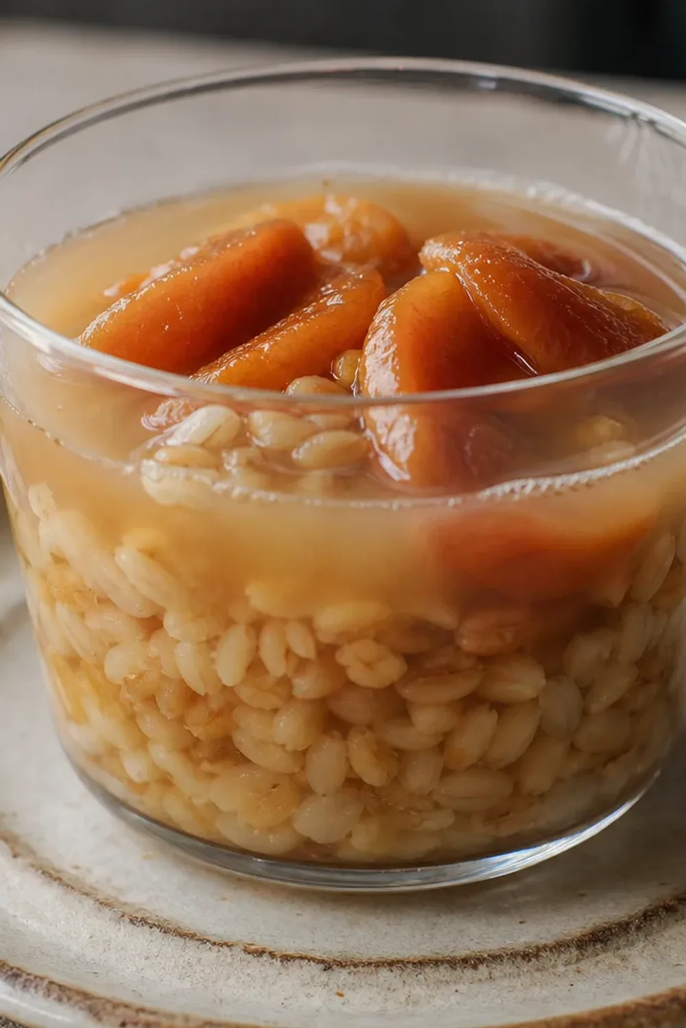 Chilean Mote con Huesillo served in a glass with peaches and wheat, showcasing a vibrant presentation.