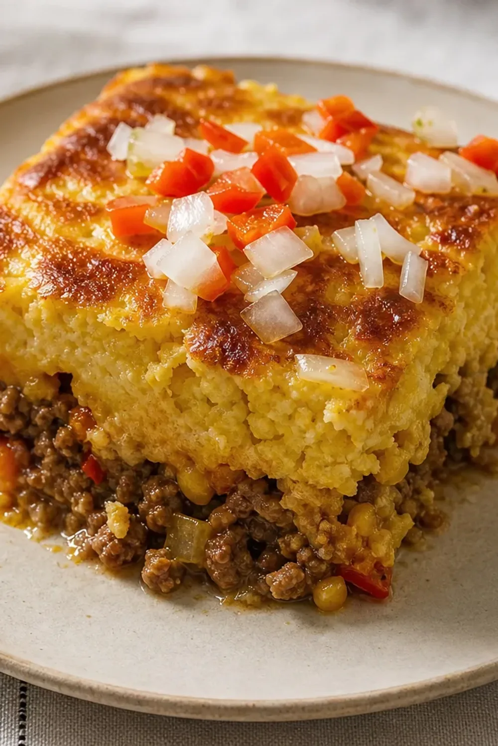A golden-brown pastel de choclo with creamy corn topping, beef filling, and a crispy surface.