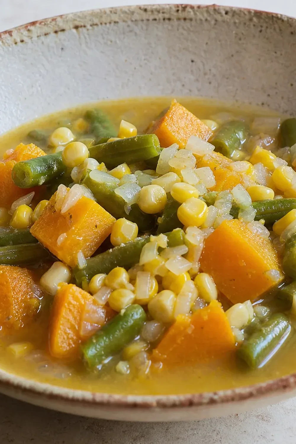 A vibrant bowl of porotos granados featuring colorful beans, sweet corn, and tender pumpkin, garnished with fresh herbs.