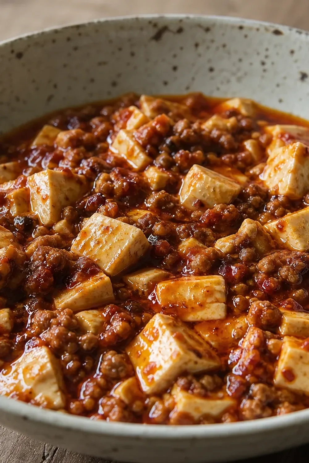 Plate of Mapo Tofu garnished with green onions and served with rice, showcasing soft tofu and rich sauce.