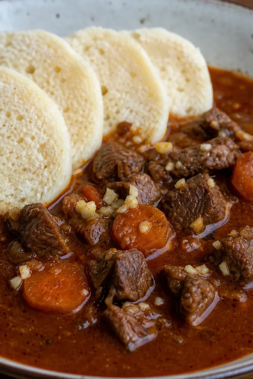 Rich beef goulash with a glossy sauce, accompanied by fluffy bread dumplings on a rustic plate.