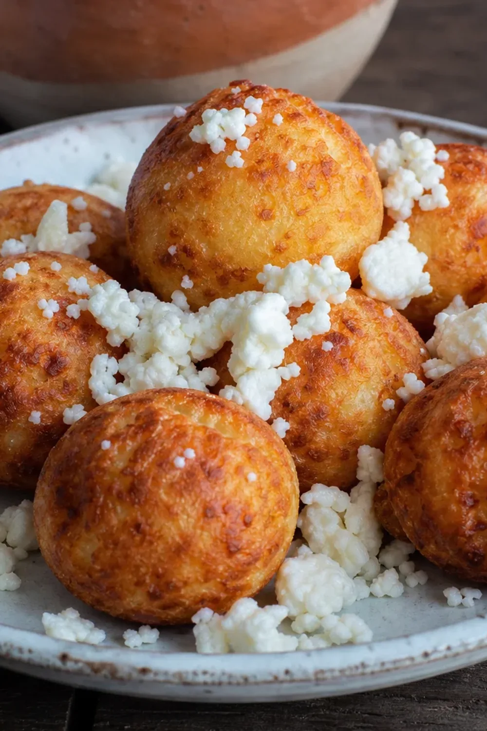 Golden-brown buñuelos with a crispy texture and cheese filling, served on a plate.