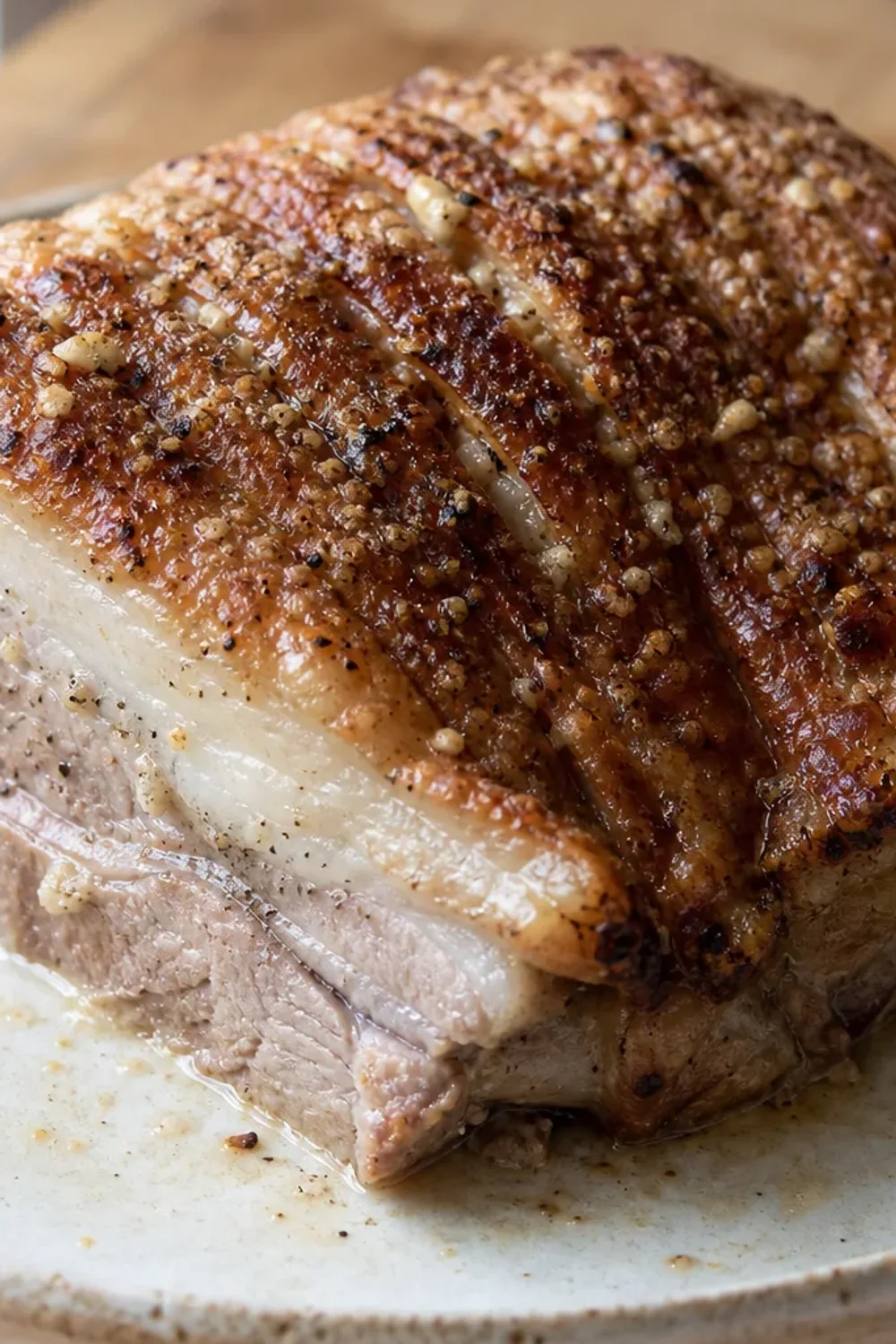Golden brown roasted pork with crispy crackling, garnished with herbs.