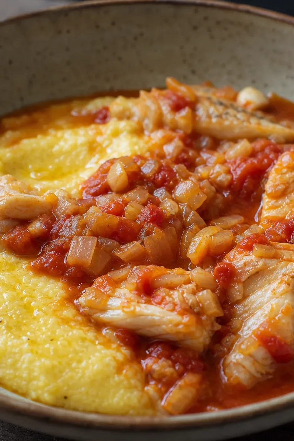 A hearty bowl of Croatian Brudet fish stew with tomatoes, served with creamy polenta, garnished with parsley.