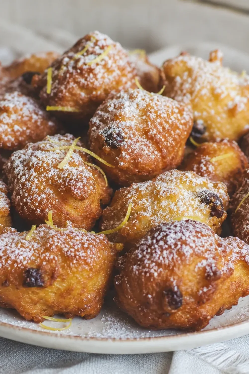 Golden-brown fritule dusted with powdered sugar, showcasing a fluffy texture and citrus zest.