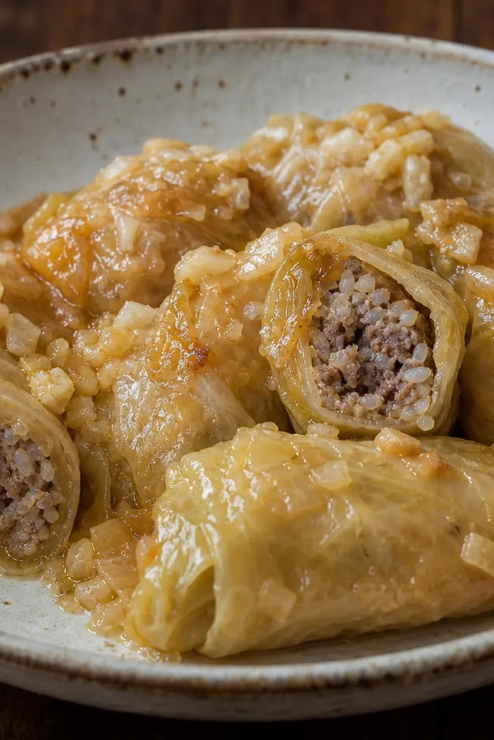 Plated Croatian sarma showcasing tender cabbage rolls filled with beef, rice, and topped with sauerkraut.