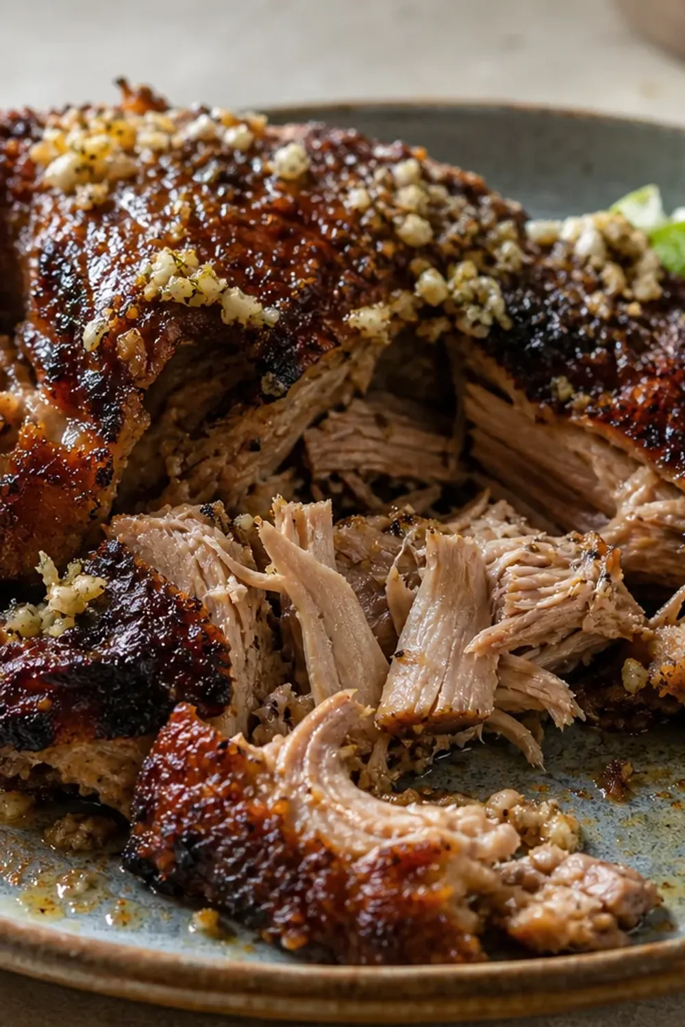 Cuban Lechón Asado with crispy skin, garnished with citrus slices and herbs.