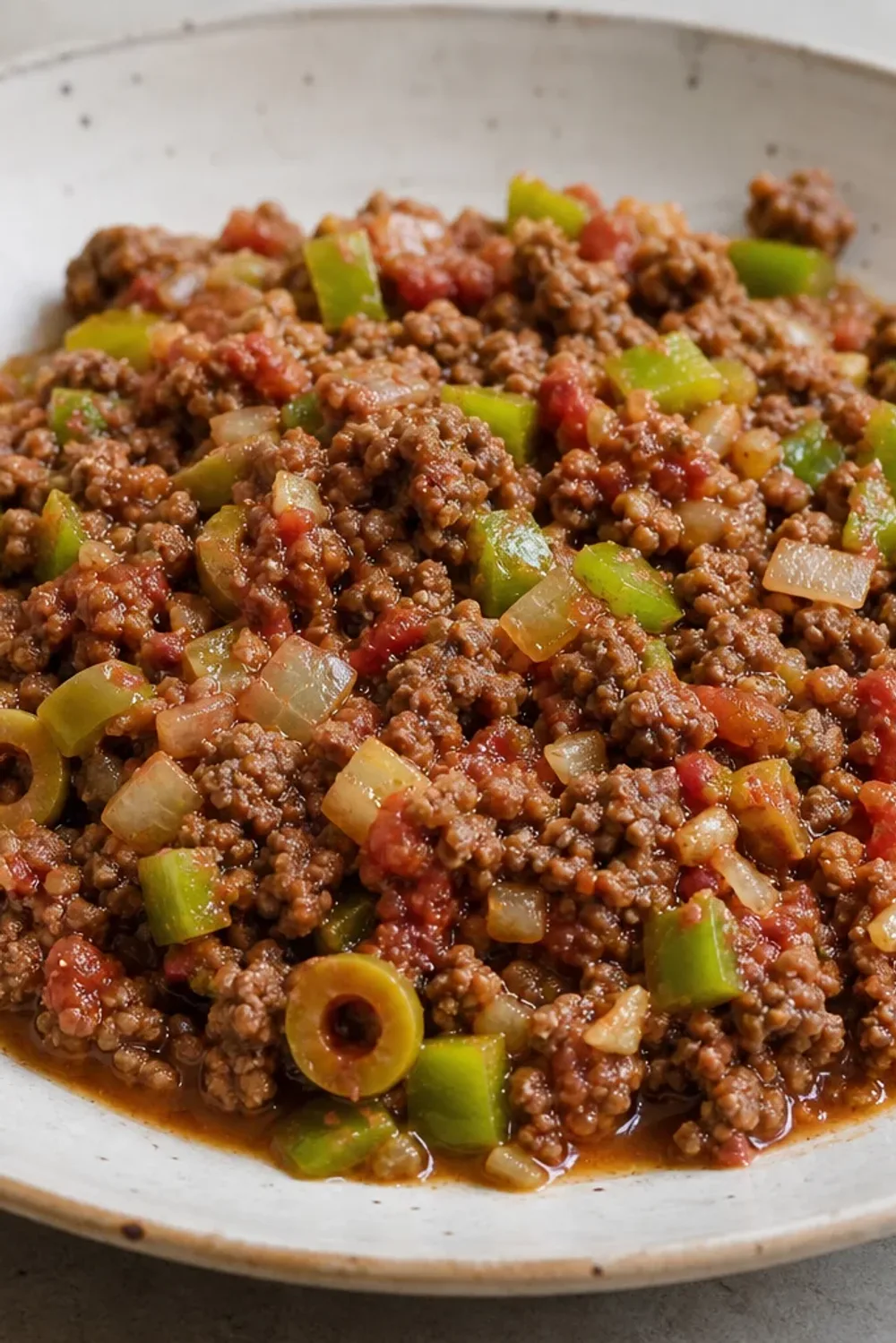 A vibrant plate of Cuban Picadillo featuring ground beef, olives, and raisins garnished with fresh herbs.