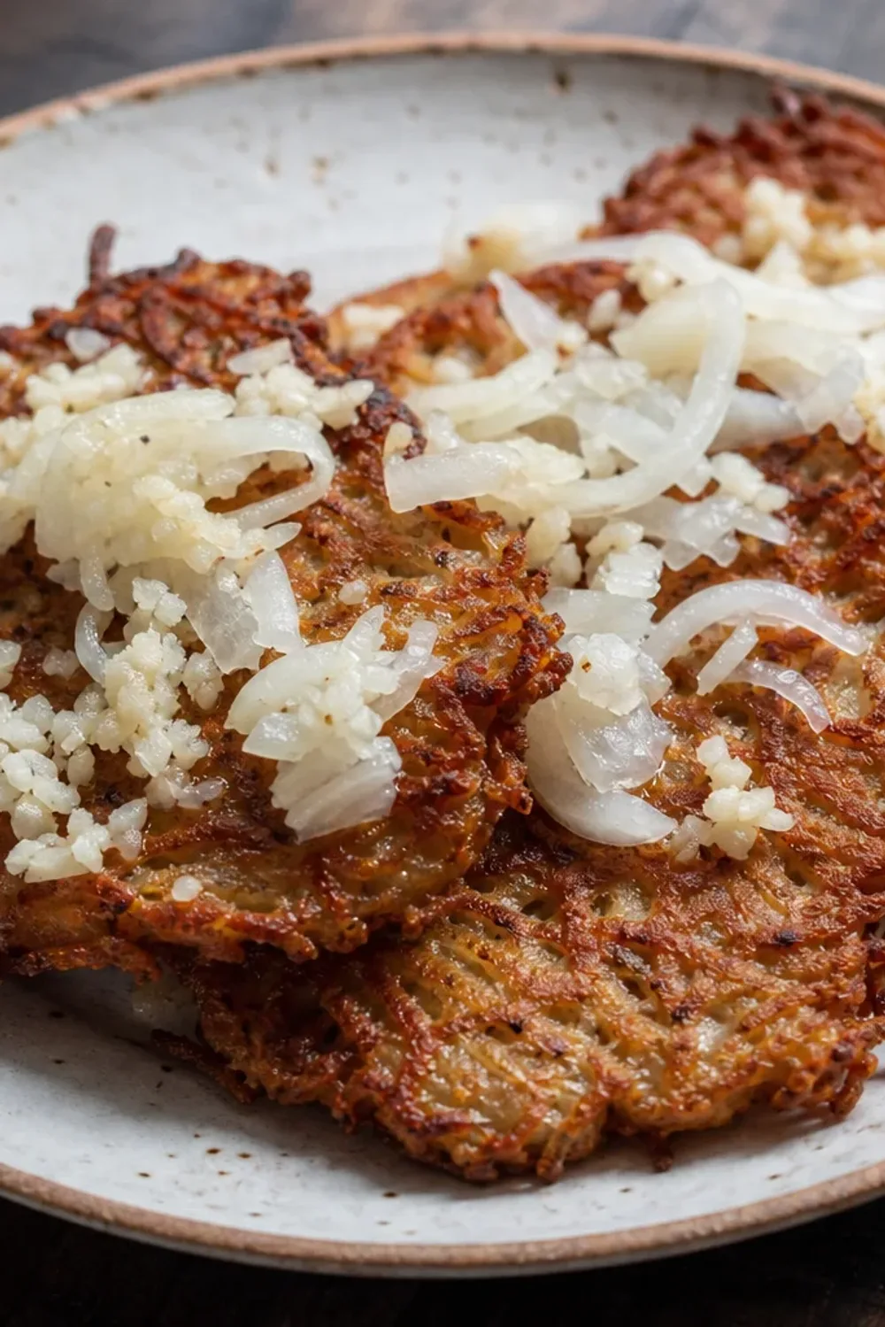Golden crispy potato pancakes garnished with herbs, served on a plate.