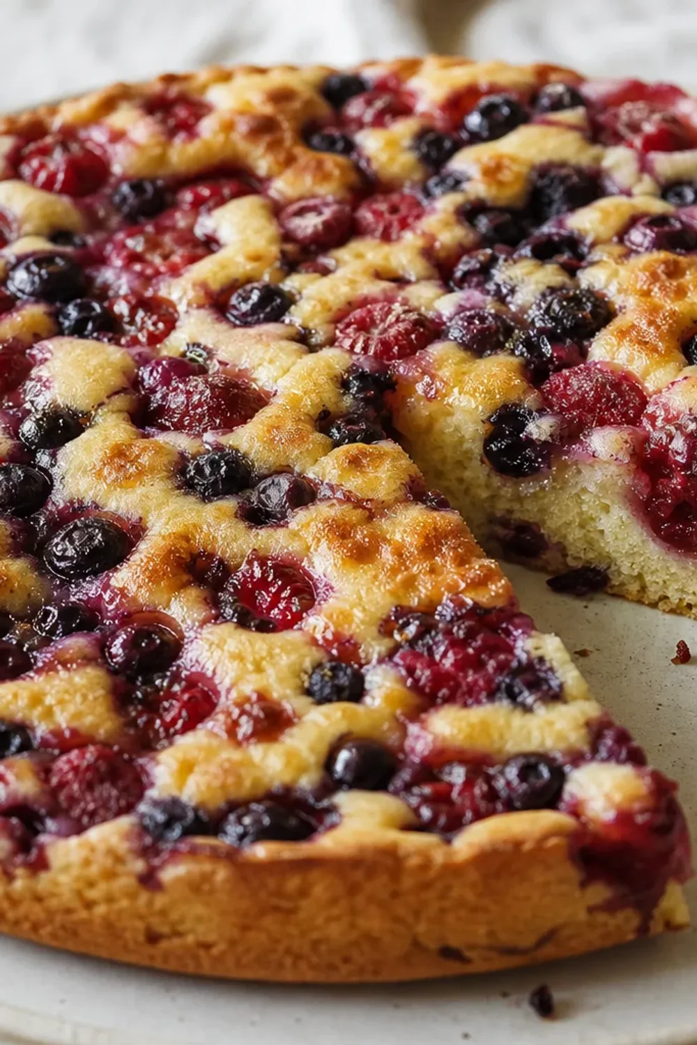 Czech Bublanina fruit cake topped with colorful fresh berries, golden crust, and soft texture.