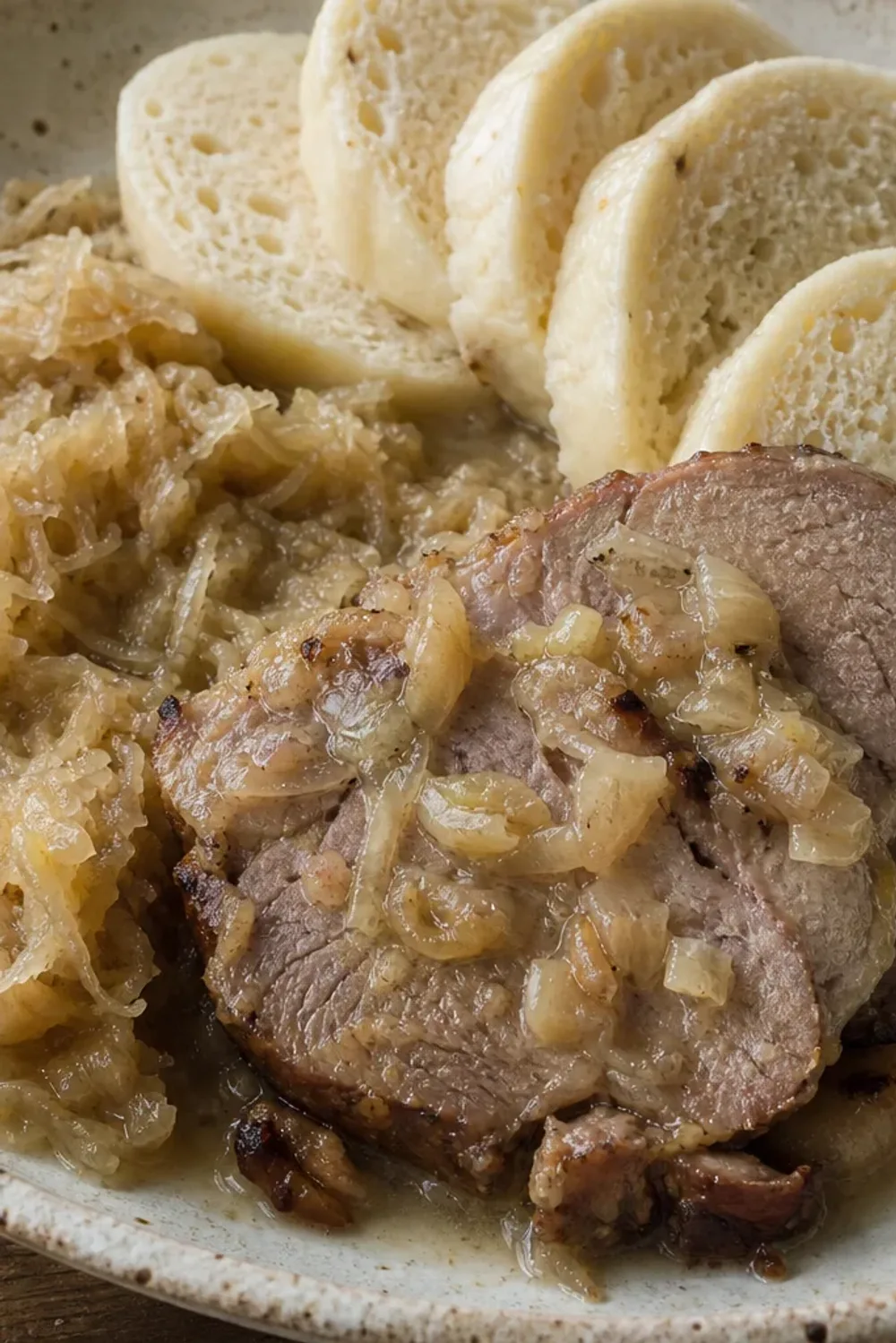 Sliced roast pork served with fluffy dumplings and sauerkraut on a plate.