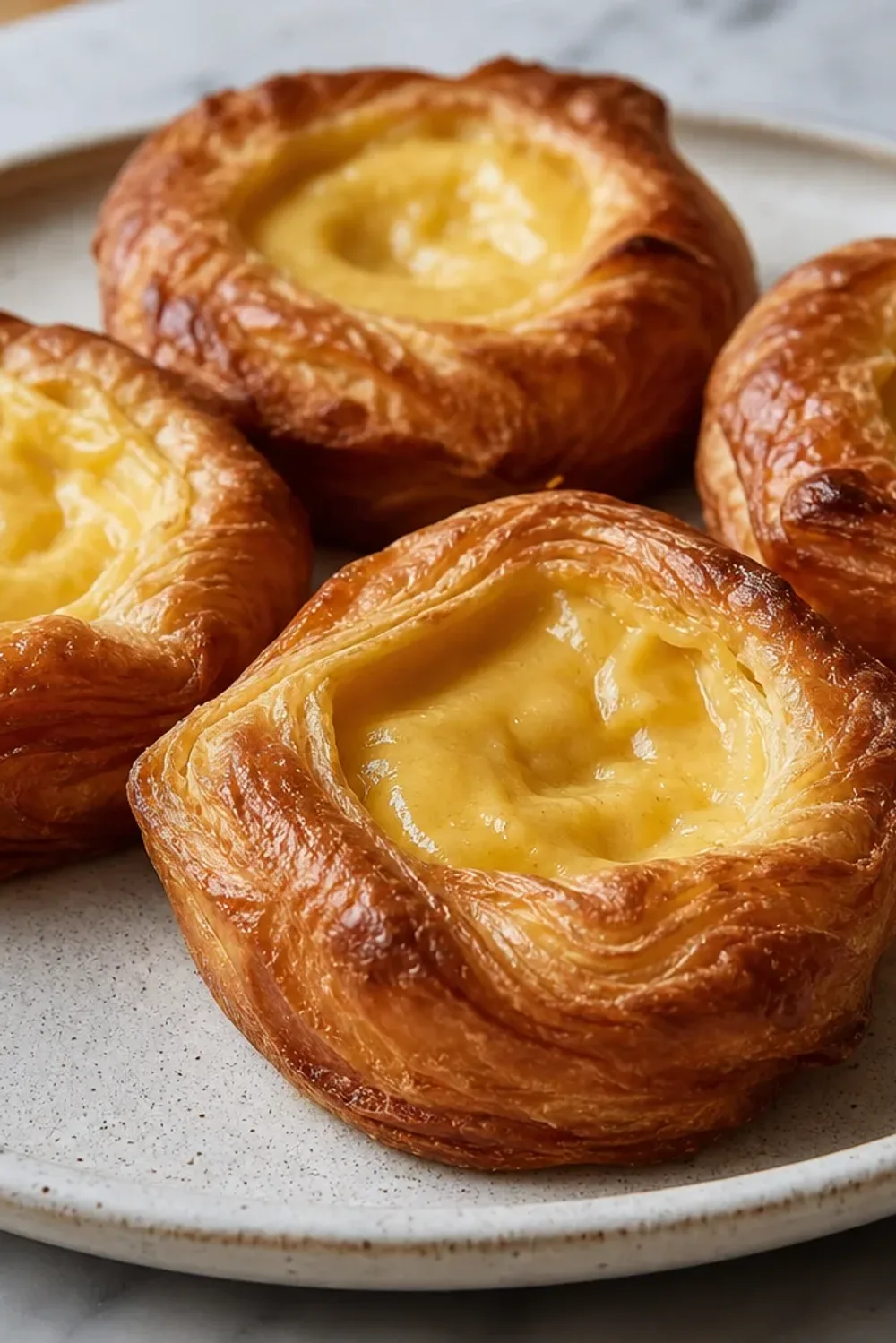 Golden brown Danish pastries with creamy custard filling, elegantly arranged.