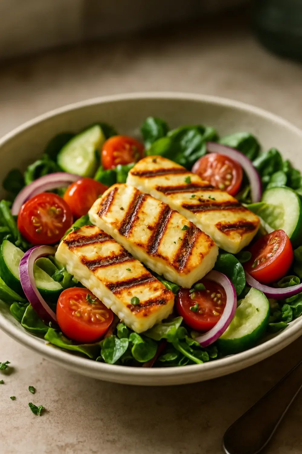 Delicious Grilled Halloumi Salad with Fresh Vegetables — healthy recipe, beautifully plated and ready to serve